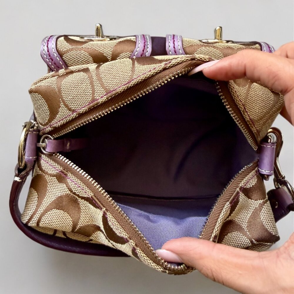 Coach Tan Signature Purple Mini Double Turnlock Legacy Handbag - Picture 7 of 9